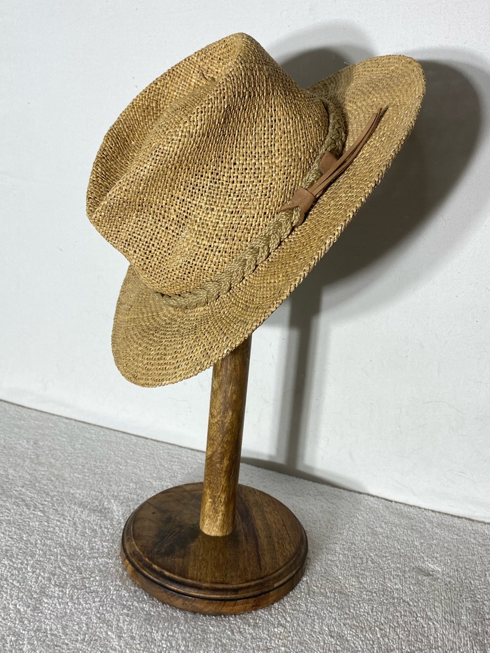 Vintage Magill Woven Straw Fedora Hat with Braided Leather Band L